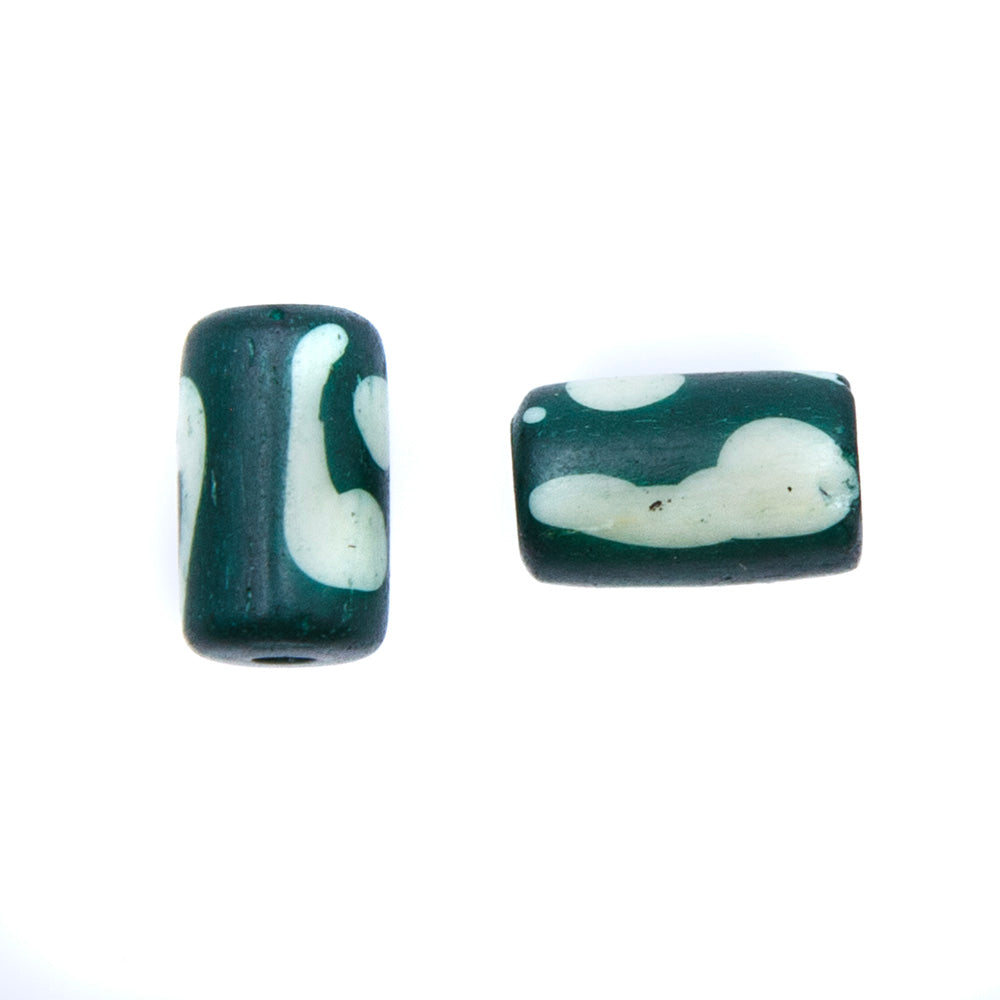 13BN188-W: India Bone Tube Dark Green w/White 7x13mm 40 Pieces