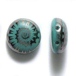 12CA185-3A: CZ Candy Turquoise With Shell Design Two Hole 12mm 48PC