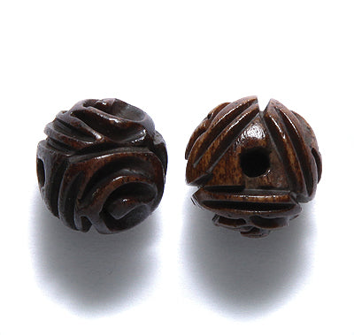14BN158-R: Bone Carved Rose Round Brown 14mm Average 5 Pieces