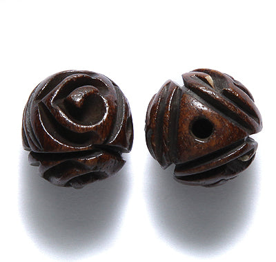 16BN158-R: Bone Carved Rose Round Brown 16mm Average 4 Pieces