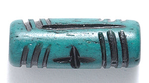 BN275-11: Bone Carved Tube Black With Teal 24mm Average 20 Pieces
