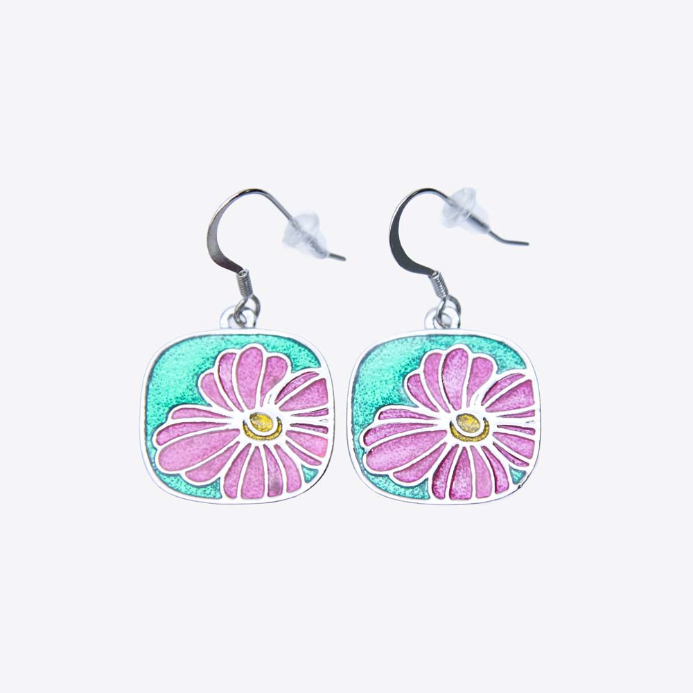 2ME4917: Earring Flower Pink/Green Enamel 20mm - 1 Pair