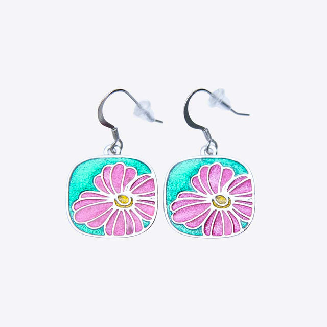 2ME4917: Earring Flower Pink/Green Enamel 20mm - 1 Pair