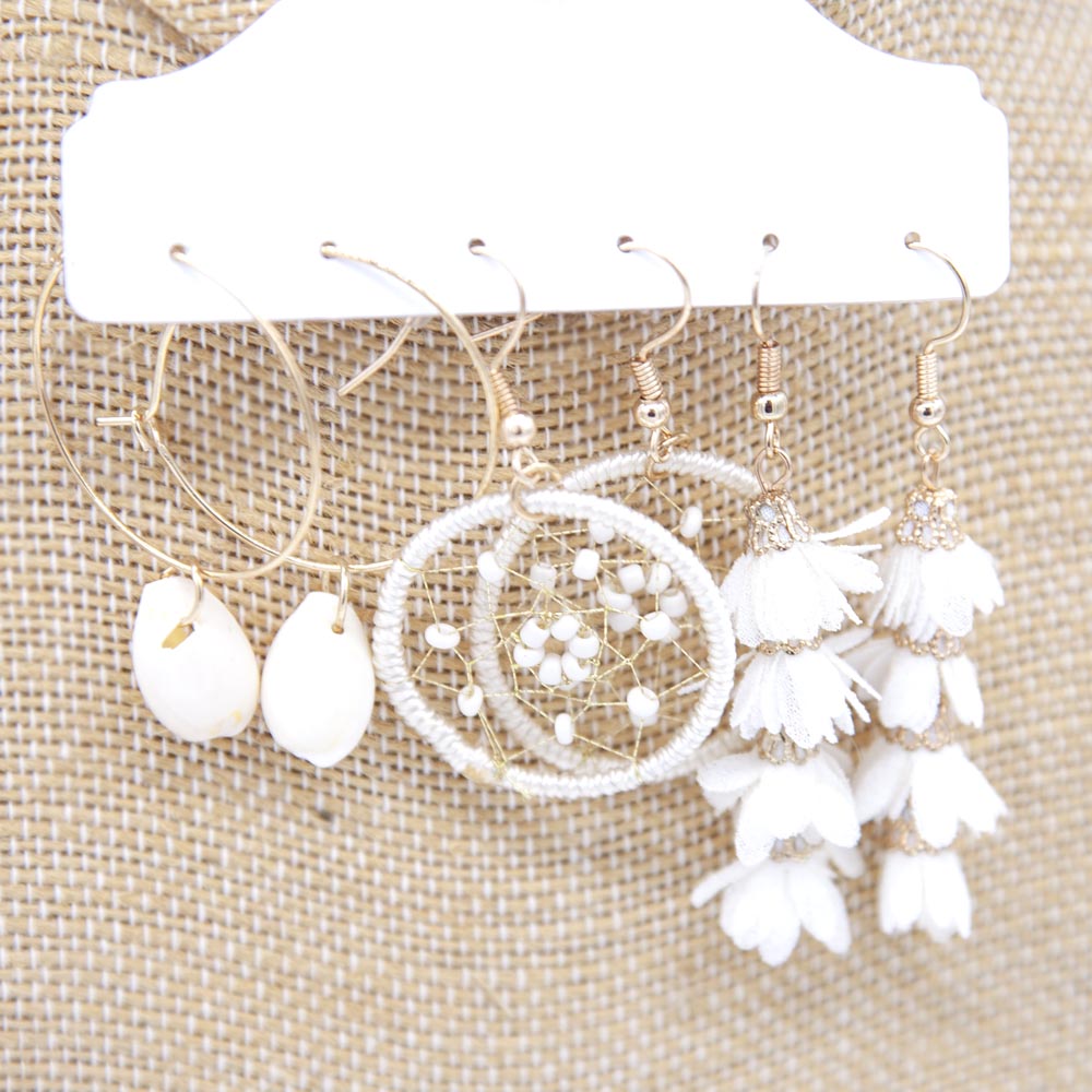EAR3-114: 3 Earring Set White Tassel Shell Dreamcatcher