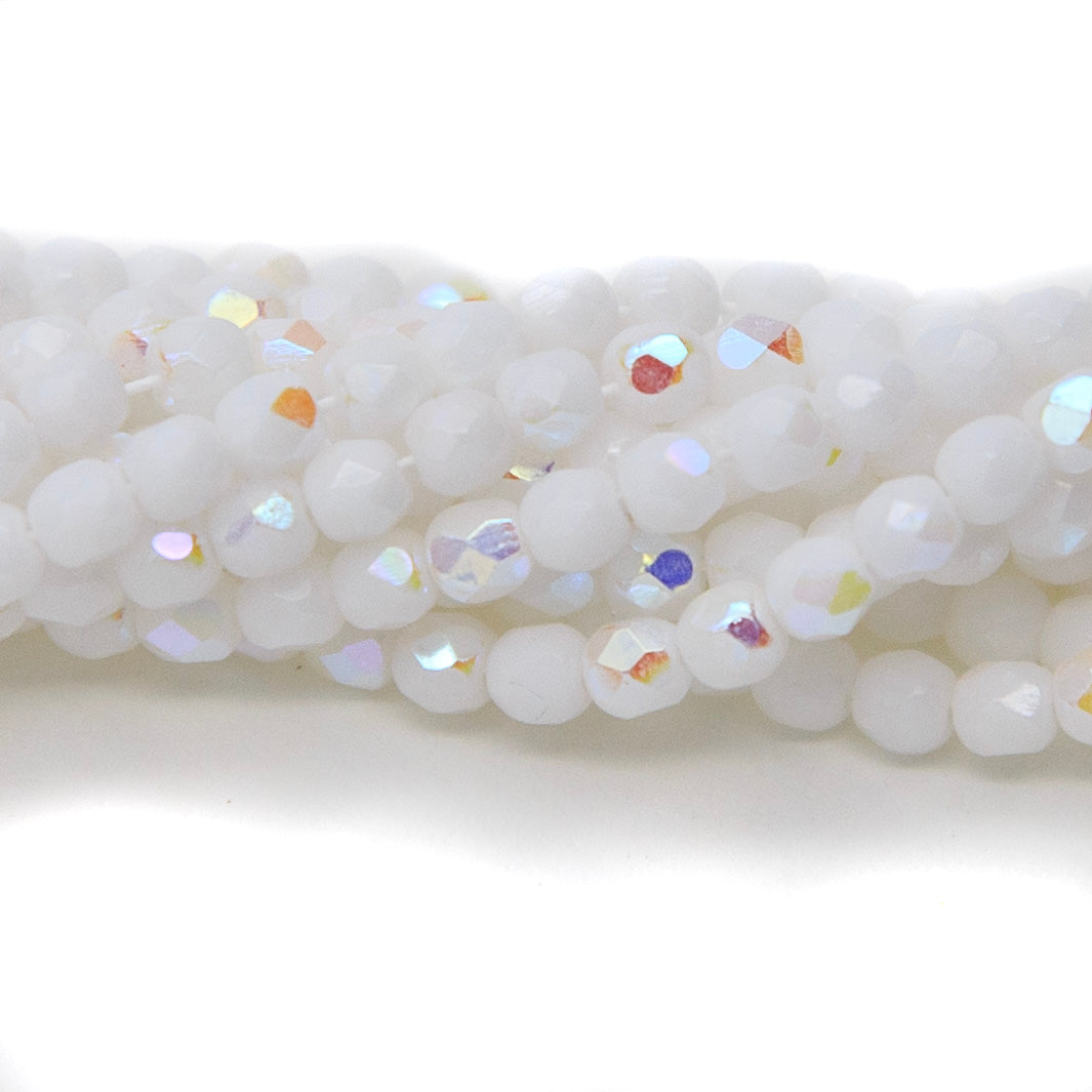 3FC511R: Czech Faceted Round White Aurora Borealis Finish 3mm 100 Pieces