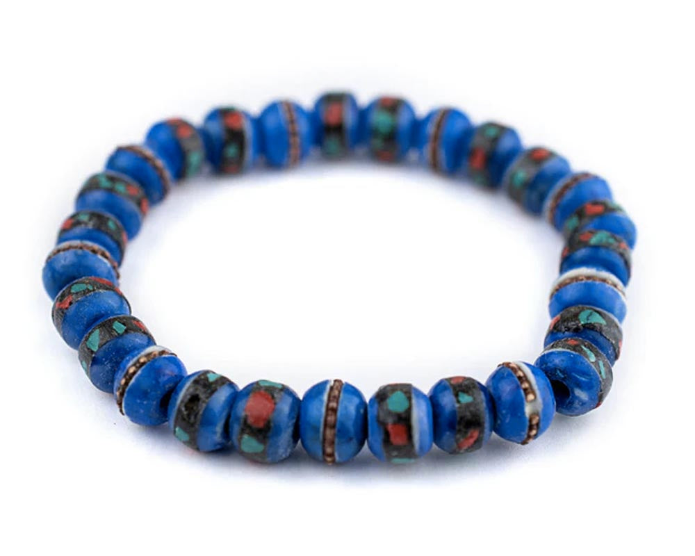 GA622-BLU: Nepal Bone Mala Bracelet Blue