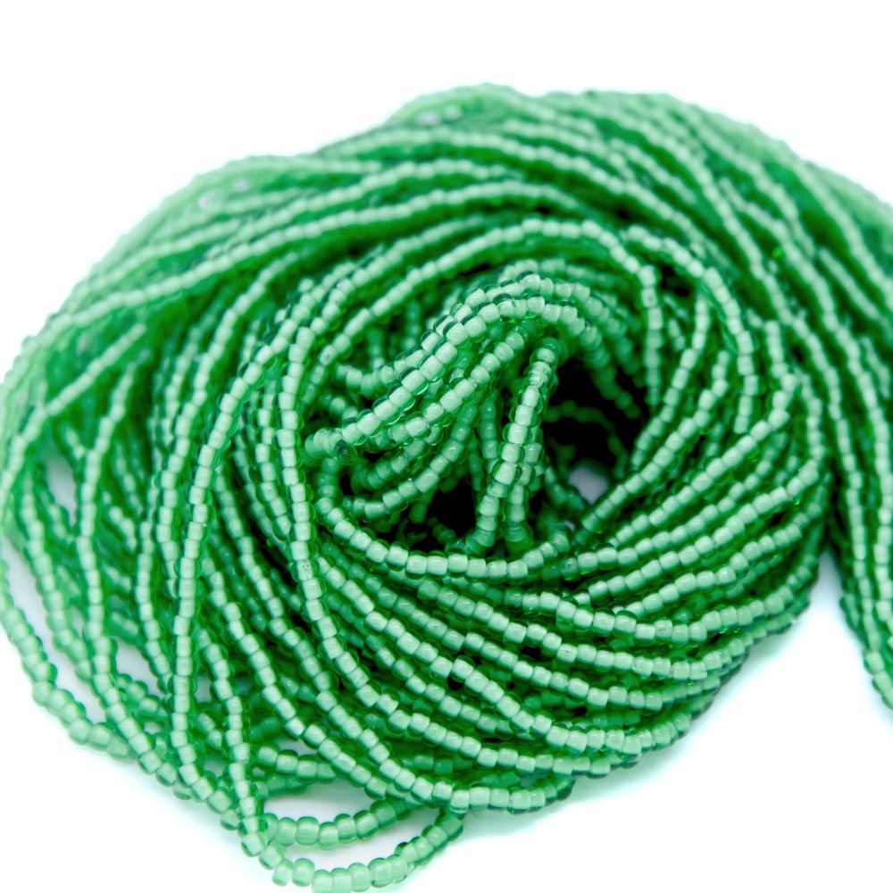 11SB784-WR: Cz Seed Bead Tr Green White Lined 11/0 1 Hank