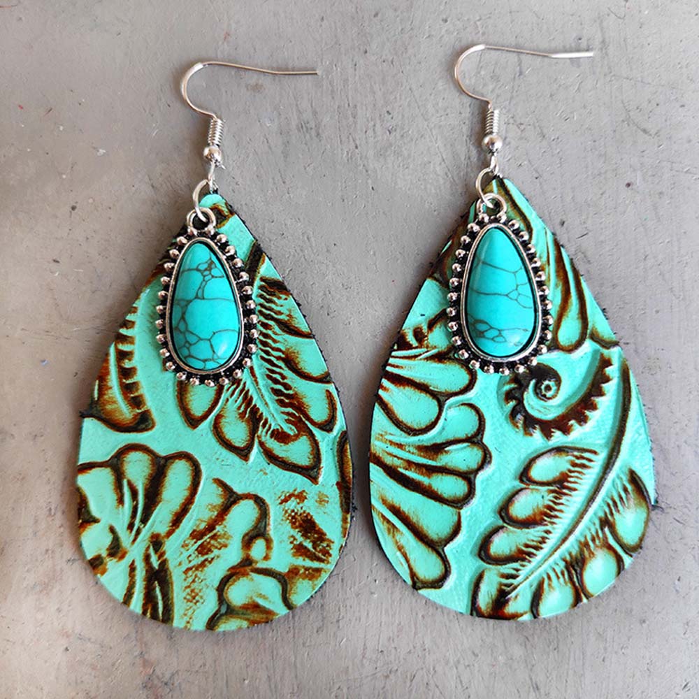 EAR4-9T: Earring Turquoise Leather with Faux Turquoise Stone