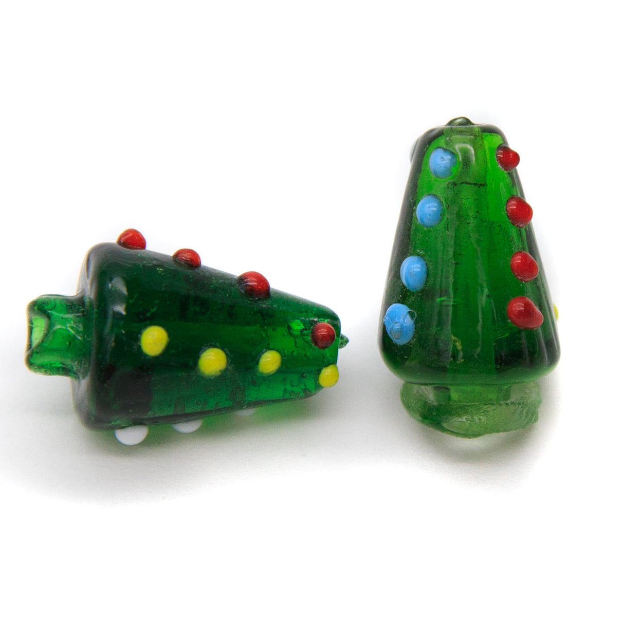 AL301-289: Glass Christmas Tree Bead Green W/Dots 12x20mm 4Pc