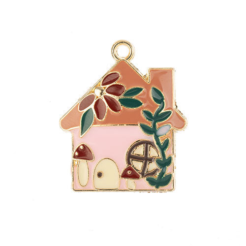 DZ0467-006: Zinc Charm 29x24mm Pink House 3PPK
