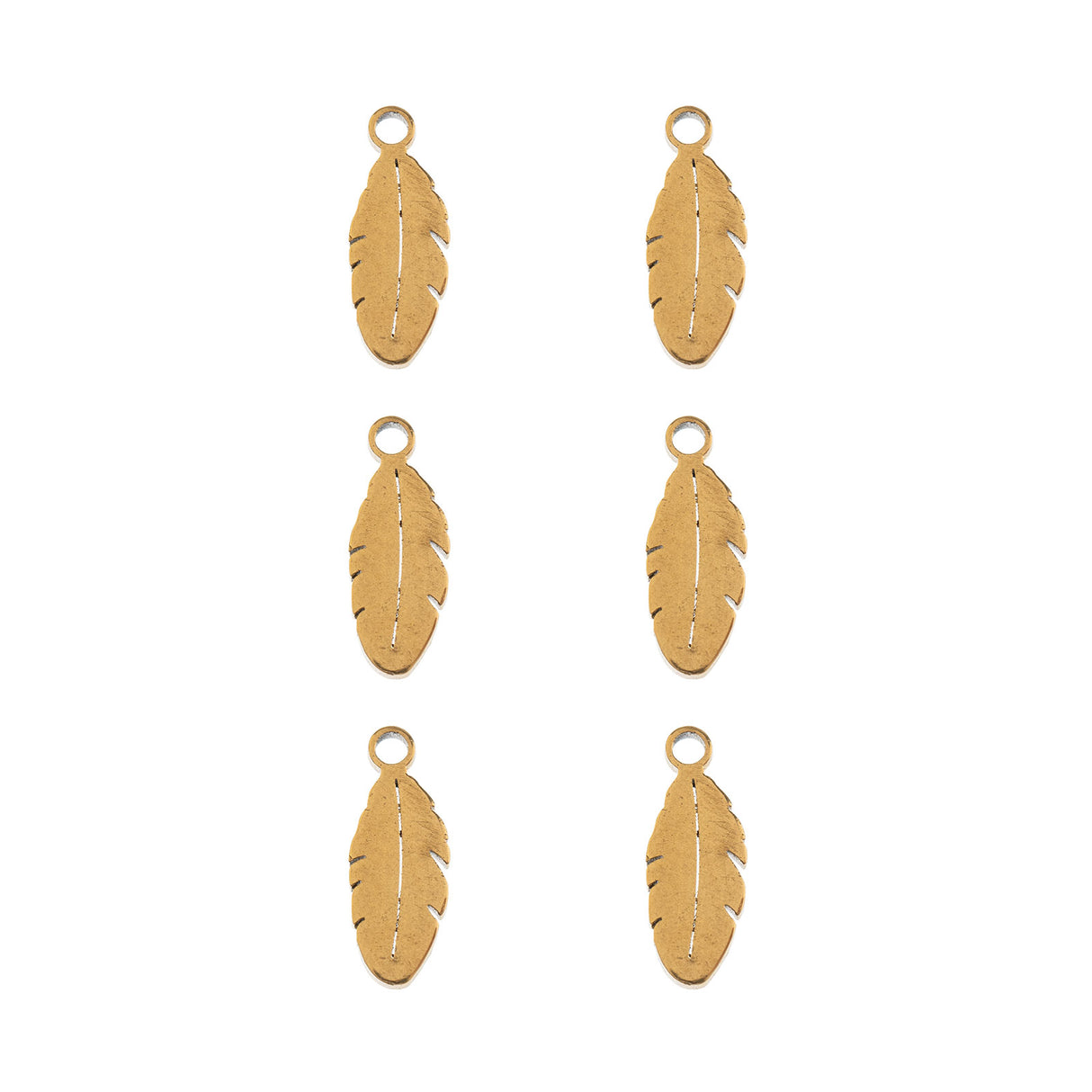 DZ0468-010: Steel Charm 4x10.7mm Feather GLD PLT 6PPK