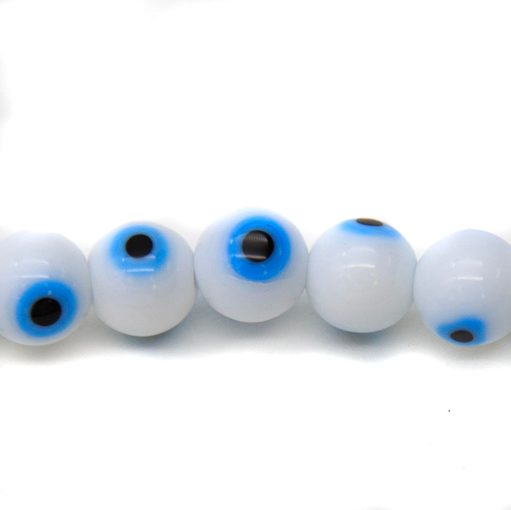 EY113: Glass Evil Eye White and Aqua 8mm 14 inch St