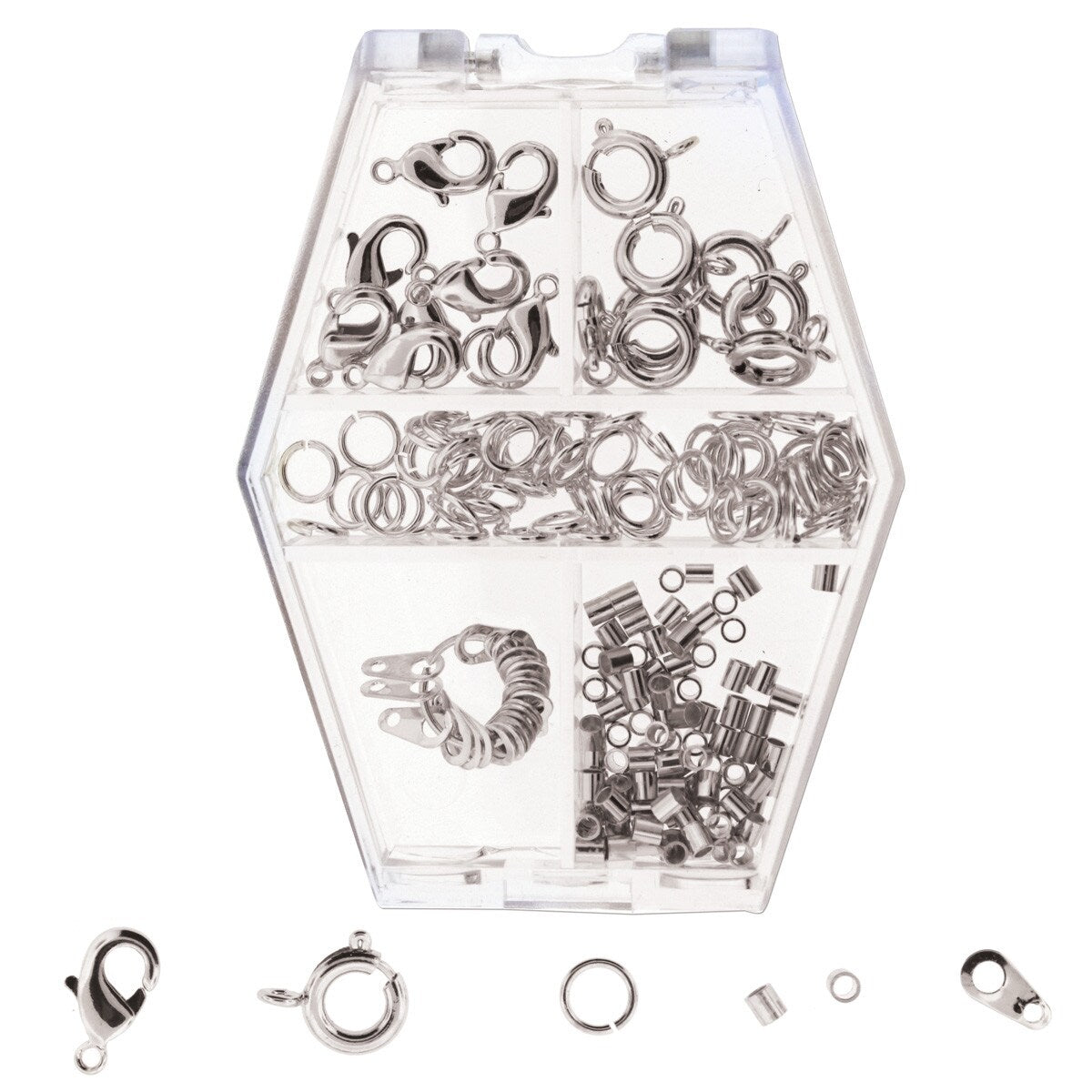 FI999-212SP: Findings Assortment Silver Clasps, Jump Rings, Crimps 212PC