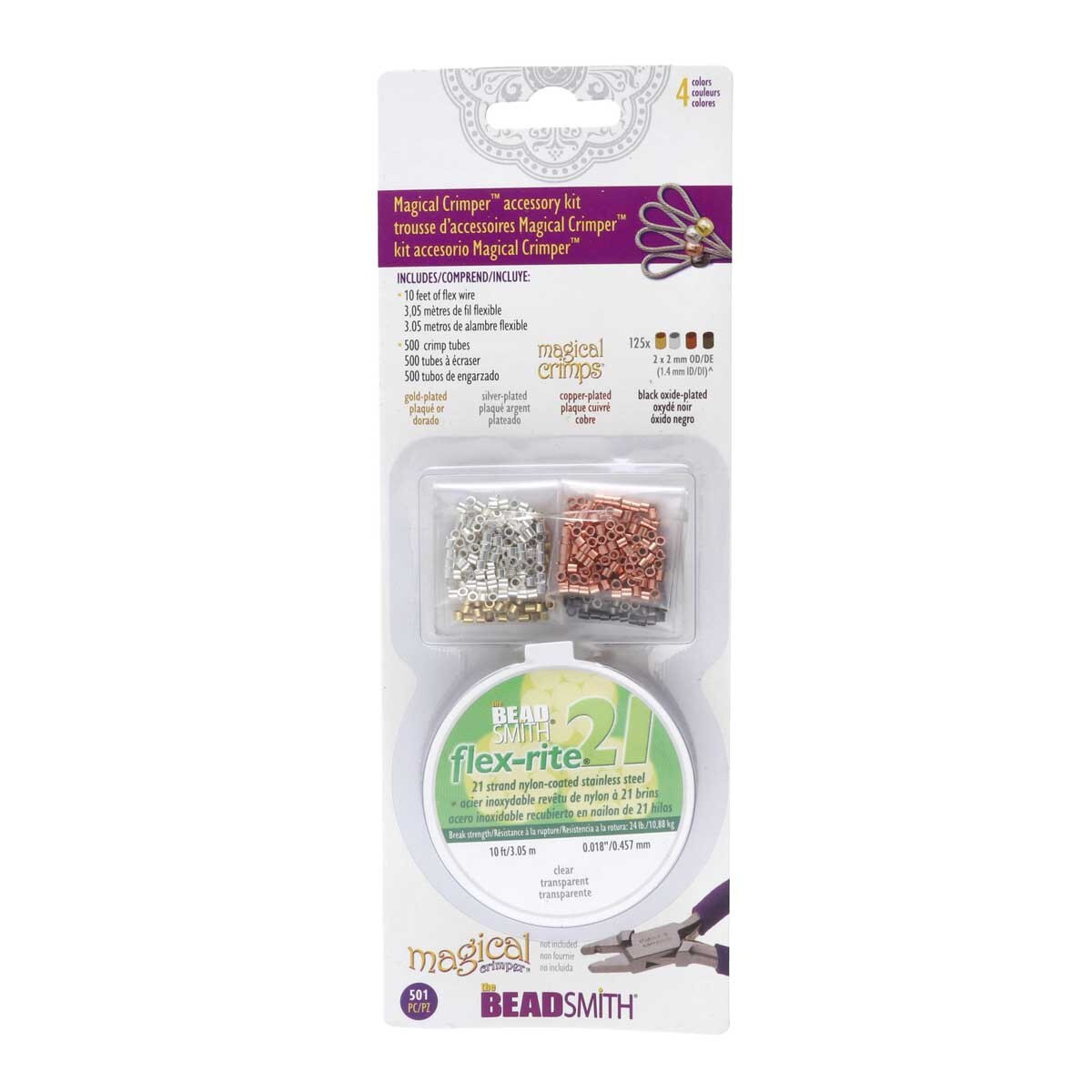 FI999-950KIT: Crimp Tube 2x2mm 125PCx4 Color + .018 Beading Wire 21STR 10FT