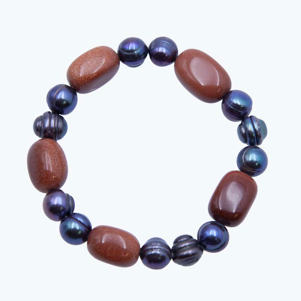 FPB1295-10: Stretch Bracelet 9mm Ridged Freshwater Pearl w/Goldstone Nugget