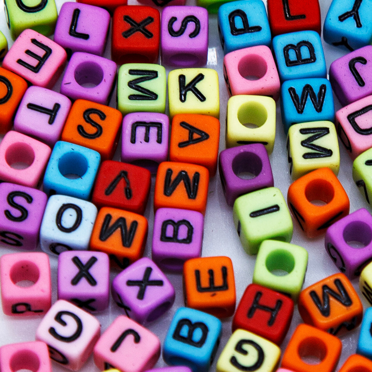 PL200-22: Acrylic Alphabet Multi/Black 6x6mm 4mm Hole 100PPK