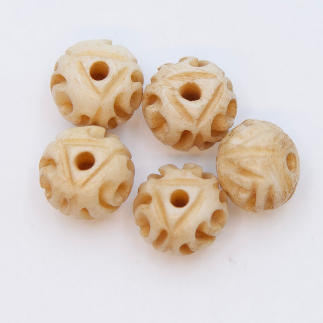 14BN153-R: Bone Carved Rose Round Antique Finish 14mm Average 5 Pieces