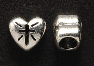 LH3021: Heart With Cross 5mm Hole Silver 10mm - 1 Piece