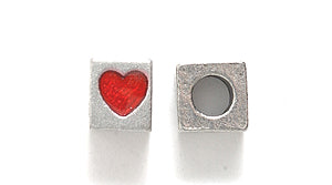 5PW955-HT: Bead Cube w/Red Heart 5mm Silver-1PC