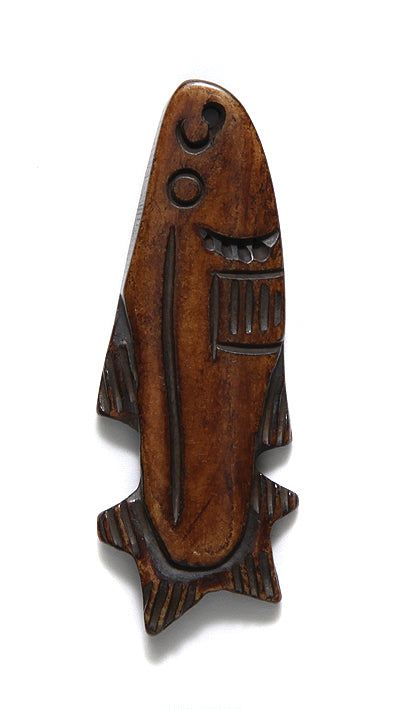 BN375-49B: Bone Carved Fish/salmon Brown 18x47mm 2 Pieces
