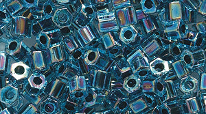 8SD766-CAB: Seed Bead Blue Lined Aqua Aurora Borealis Finish Hex Cut 8/0 8c-339  - - 250 Gram Bags