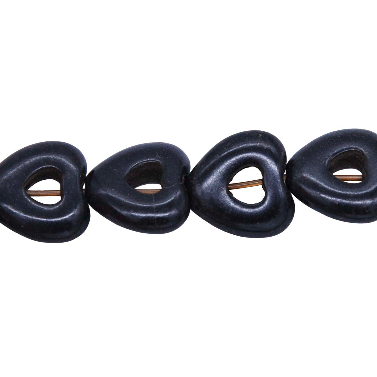 25ST612-BKH: 15mm Black Magnesite Hollow Heart Beads 15.5"
