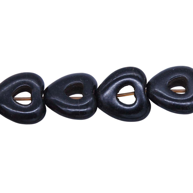 25ST612-BKH: 15mm Black Magnesite Hollow Heart Beads 15.5"