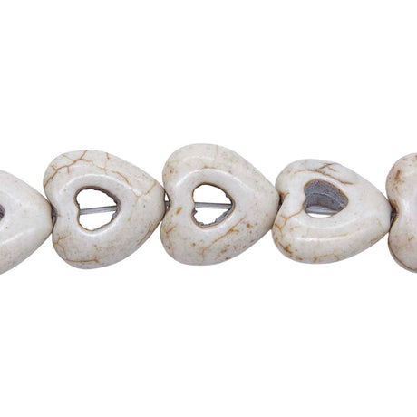 25ST612-WH: 15mm White Magnesite Hollow Heart Beads 15.5"