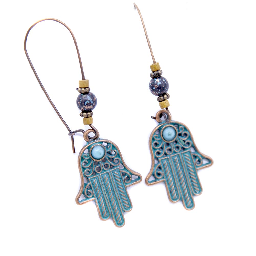 EAR4-4: Earring Zinc Hamsa Hand with Stone