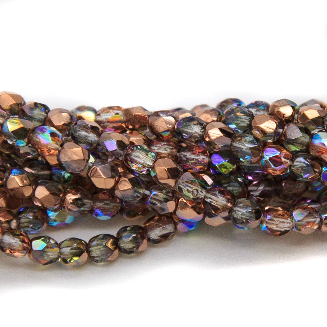 3FC512-CPR: Czech Faceted Round Crystal Copper AB 3mm 100 Pieces