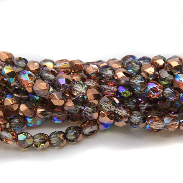 3FC512-CPR: Czech Faceted Round Crystal Copper AB 3mm 100 Pieces