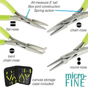 A set of four micro-fine pliers with different types of noses including flat, chain, bent, and round, displayed alongside a canvas storage case.