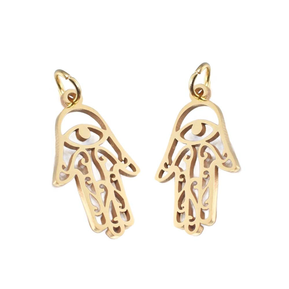 SNC6-SNG: Stainless Steel Eye of Fatima Hamsa Hand Waterproof Gld PLT 2PPK
