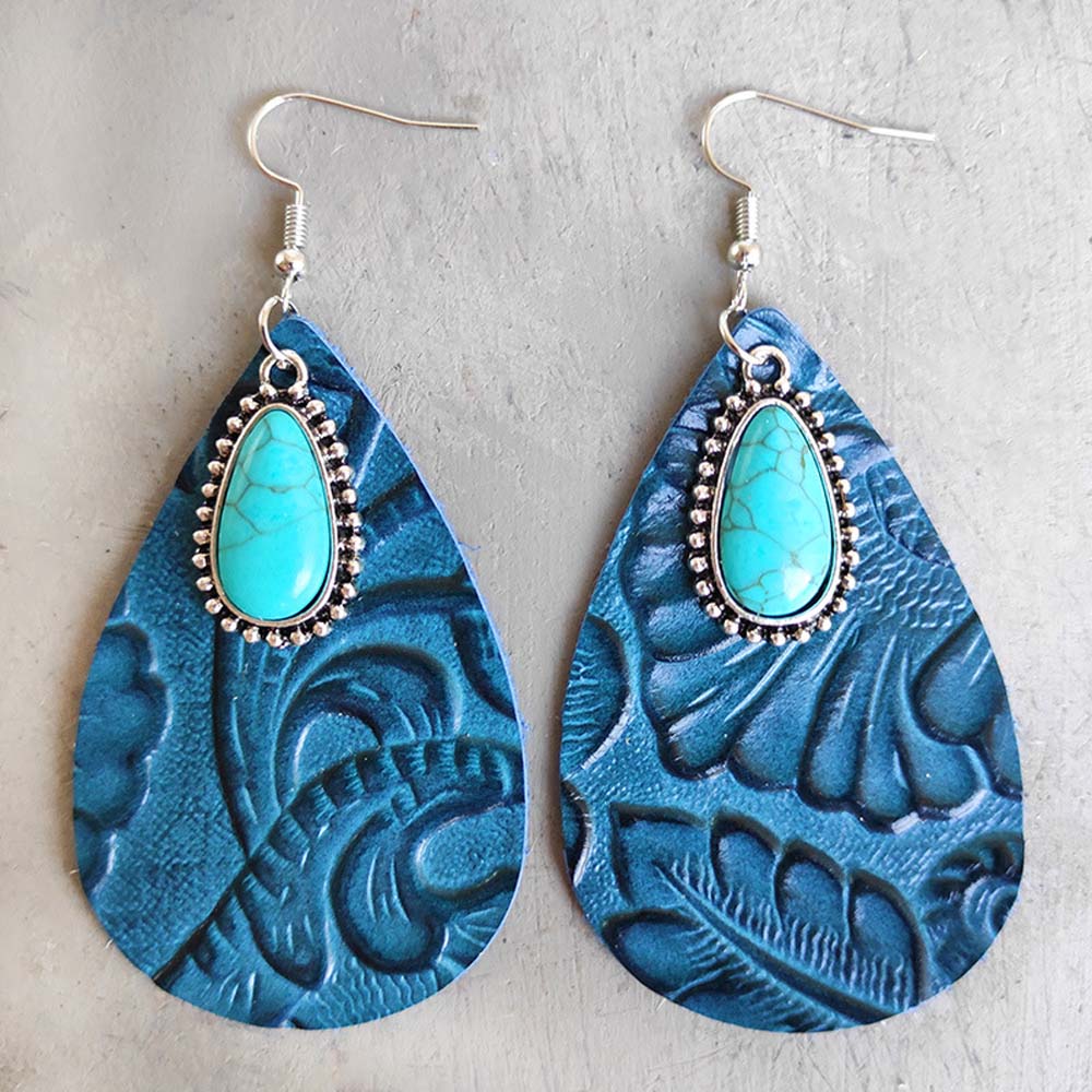 EAR4-9B: Earring Blue Leather with Faux Turquoise Stone