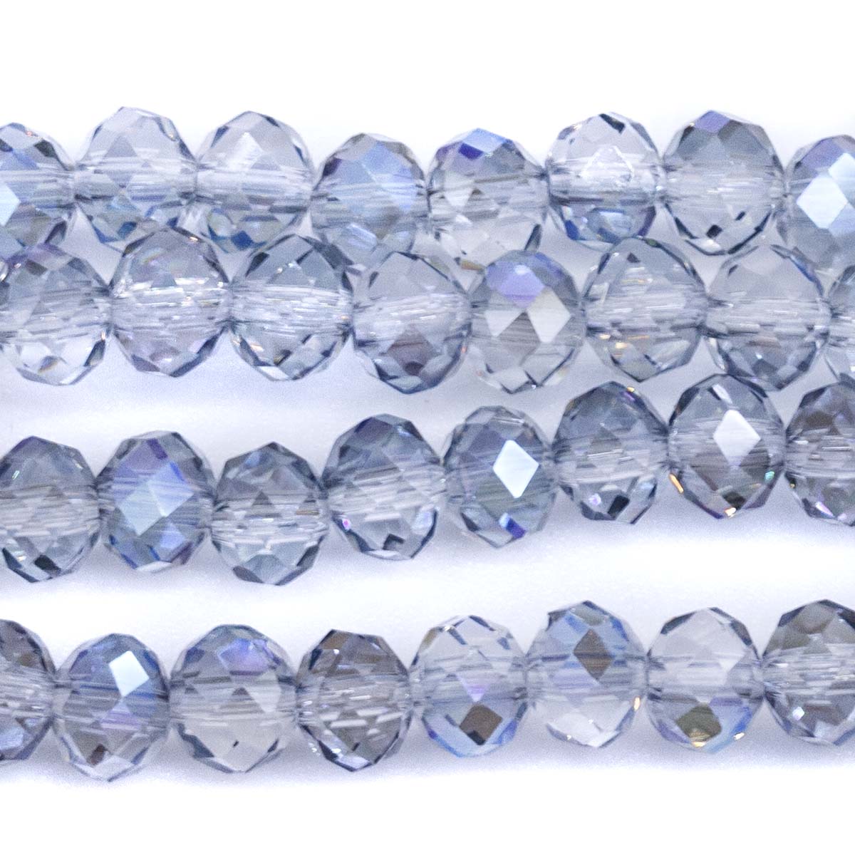 73CD506: Cut Crystal Round Rondelle Crystal Blue Aurora Borealis Finish 4x6mm 1 15" String