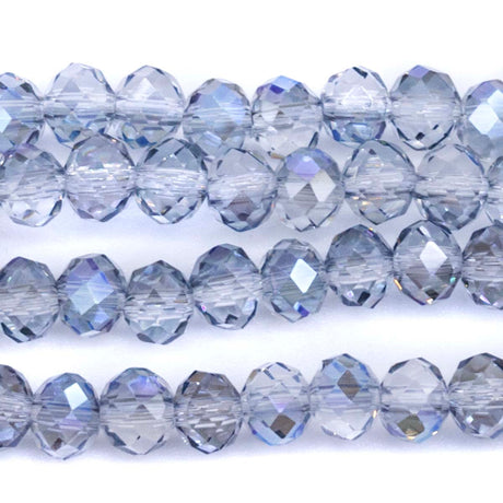 73CD506: Cut Crystal Round Rondelle Crystal Blue Aurora Borealis Finish 4x6mm 1 15" String