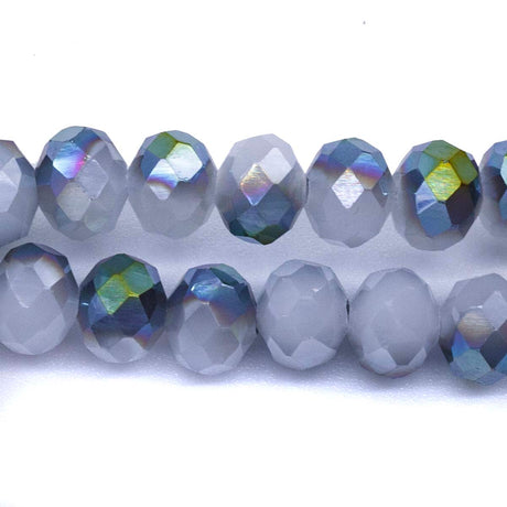 75CD210-82: Crystal Round Rondelle White Opal Green Aurora Borealis Finish 6x8mm 1 String