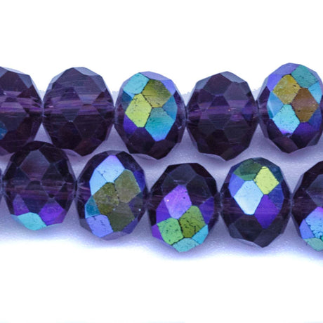 77CD597: Cut Crystal Round Rondelle Tanzanite Aurora Borealis Finish 8x10mm 1 15" String