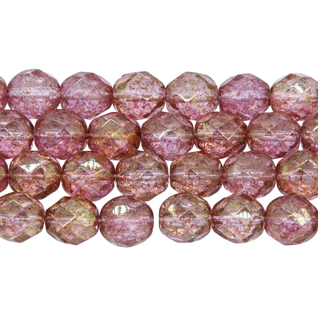 8FC093R: Czech Faceted Round Picasso Pink On Crystal 8mm - - 25 Piece String