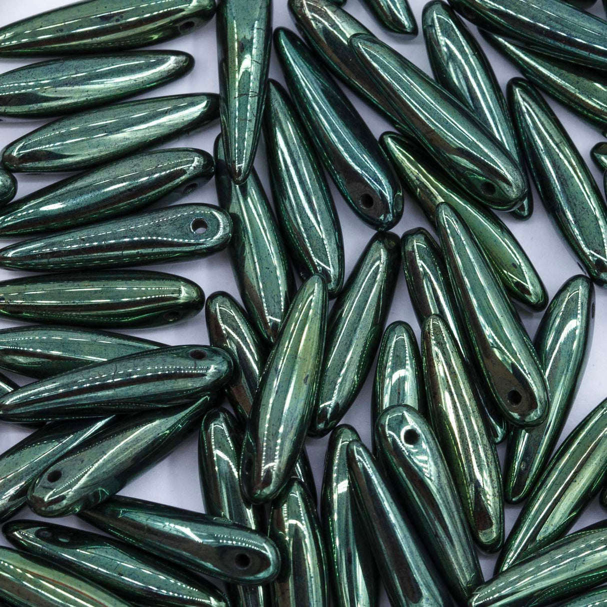 91DP883: Preciosa Ornela 5x16mm Jet Black Opaque Luster Green Thorn Beads