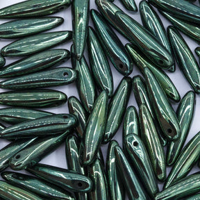 91DP883: Preciosa Ornela 5x16mm Jet Black Opaque Luster Green Thorn Beads