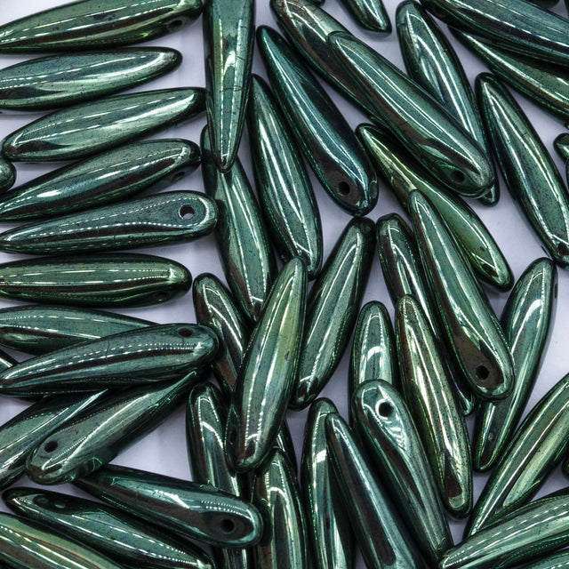 91DP883: Preciosa Ornela 5x16mm Jet Black Opaque Luster Green Thorn Beads