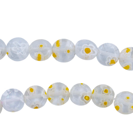 AG999-CD01: Millefiori Glass Bead Coin Disc White & Yellow 8mm