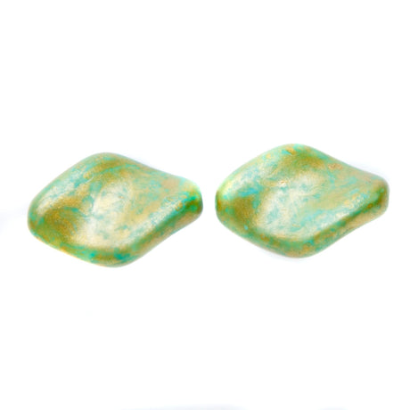 CZ9211-82: Czech Twisted Oval Green Golden Flake 19x13mm 6 Pieces