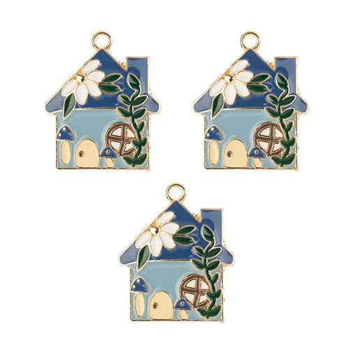 DZ0467-005: Zinc Charm 29x24mm Blue House 3PPK