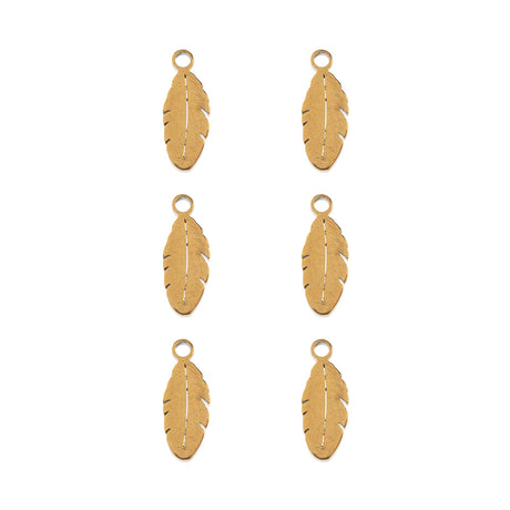 DZ0468-010: Steel Charm 4x10.7mm Feather GLD PLT 6PPK