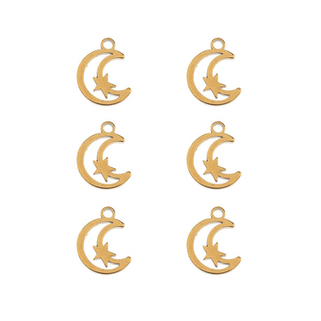 DZ0468-020: Steel Charm 11.7x9.2mm Moon w/Star GLD PLT 6PPK