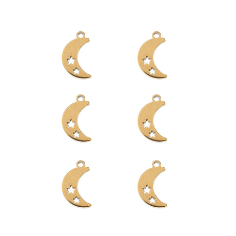 DZ0468-022: Steel Charm 11.7x7.5mm Moon w/Stars GLD PLT 6PPK