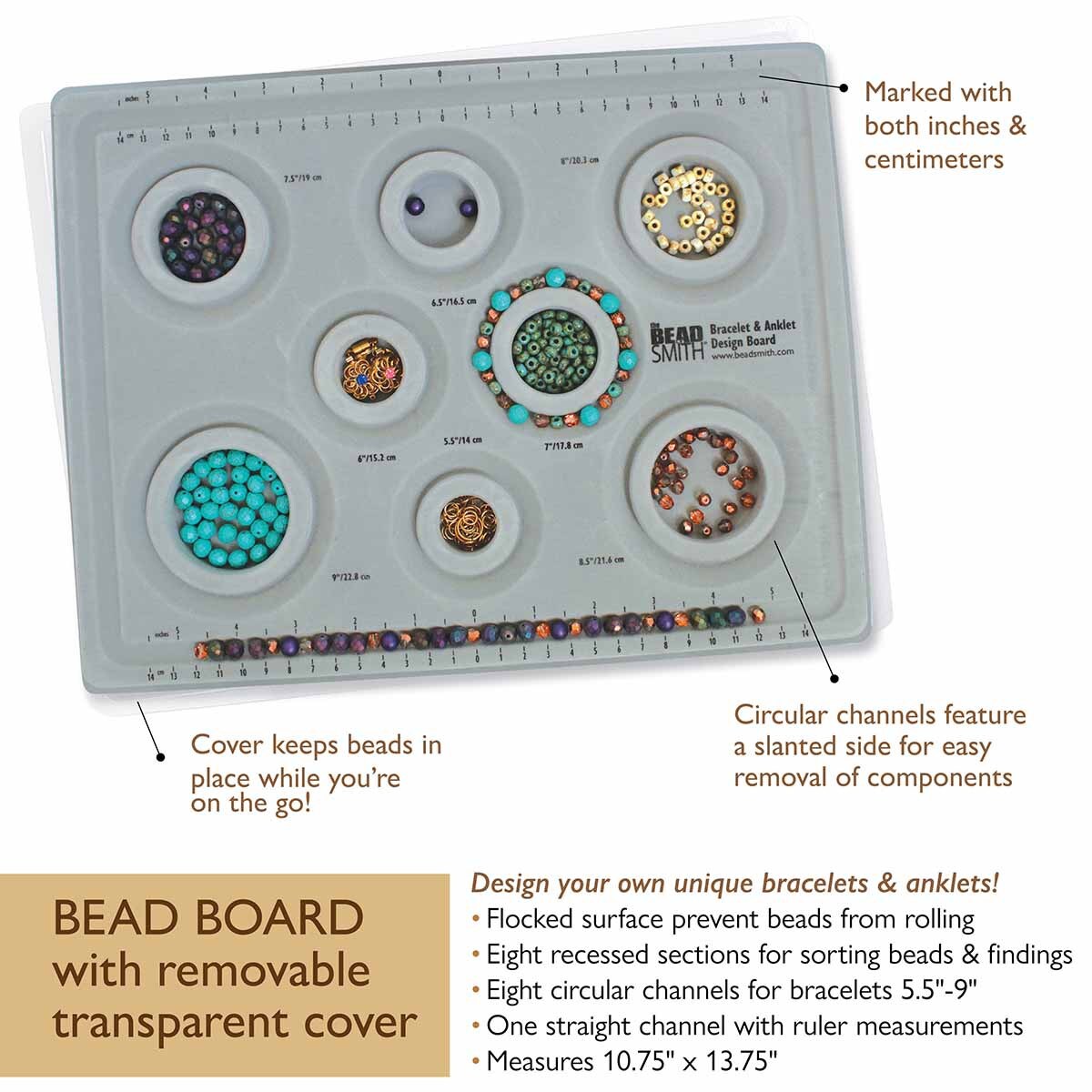 FI476-BBS8F: Beadsmith Flocked Bracelet Bead Board w/8 Sizes & Lid