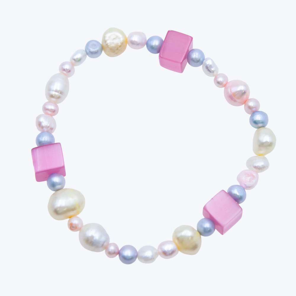 FPB1295-09: Stretch Bracelet Asst. Freshwater Pearl & 9mm Pink Fiber Optic